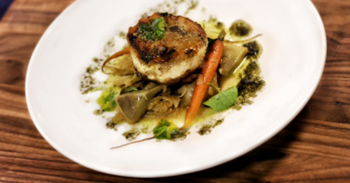 Pan Roasted Wild Alaska Pollock with Artichokes Barigoule and Lemon
