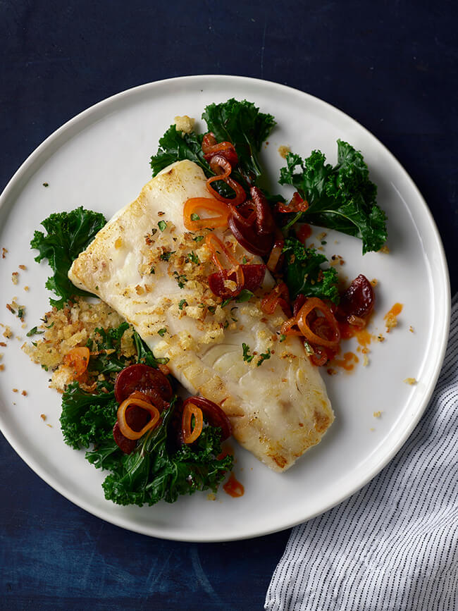 Wild Alaska Pollock with Chorizo and Crispy Breadcrumbs