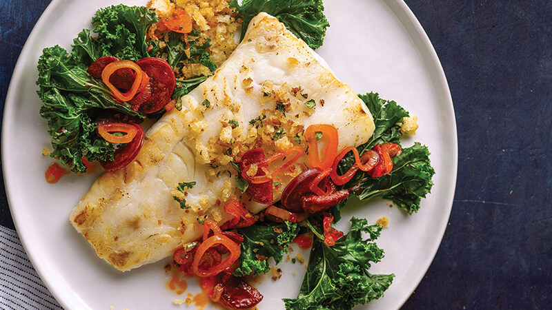 Tasty Wild Alaska Pollock with Spicy Chorizo and Crispy Handmade Breadcrumbs